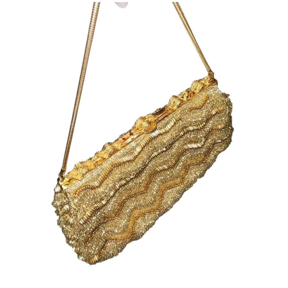 Vintage 60's Gold Hand Beaded Seed Bead Purse Evening Bag Hong Kong - Picture 2 of 9